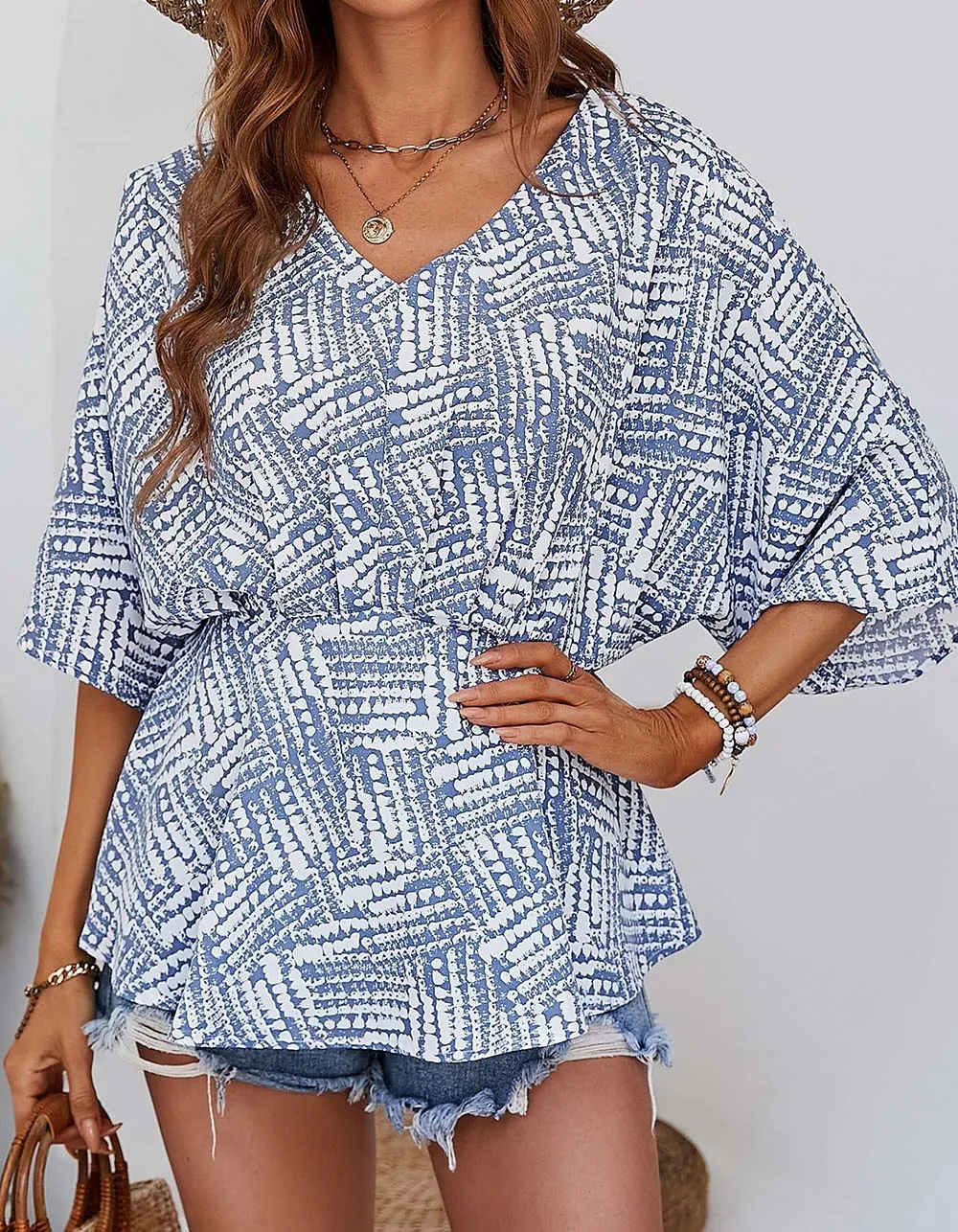 Printed V-neck Batwing Sleeve Loose Asymmetrical Shirt