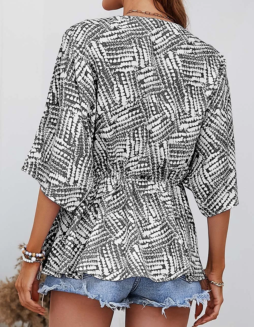 Printed V-neck Batwing Sleeve Loose Asymmetrical Shirt