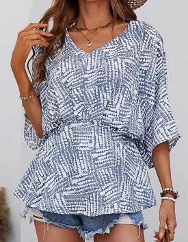 Printed V-neck Batwing Sleeve Loose Asymmetrical Shirt