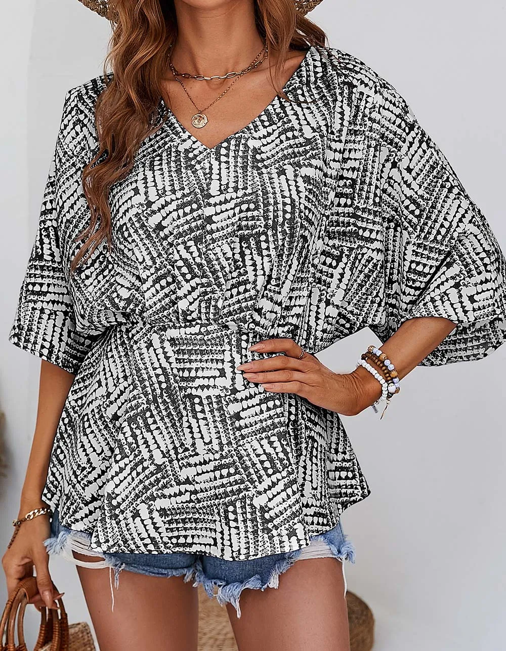 Printed V-neck Batwing Sleeve Loose Asymmetrical Shirt