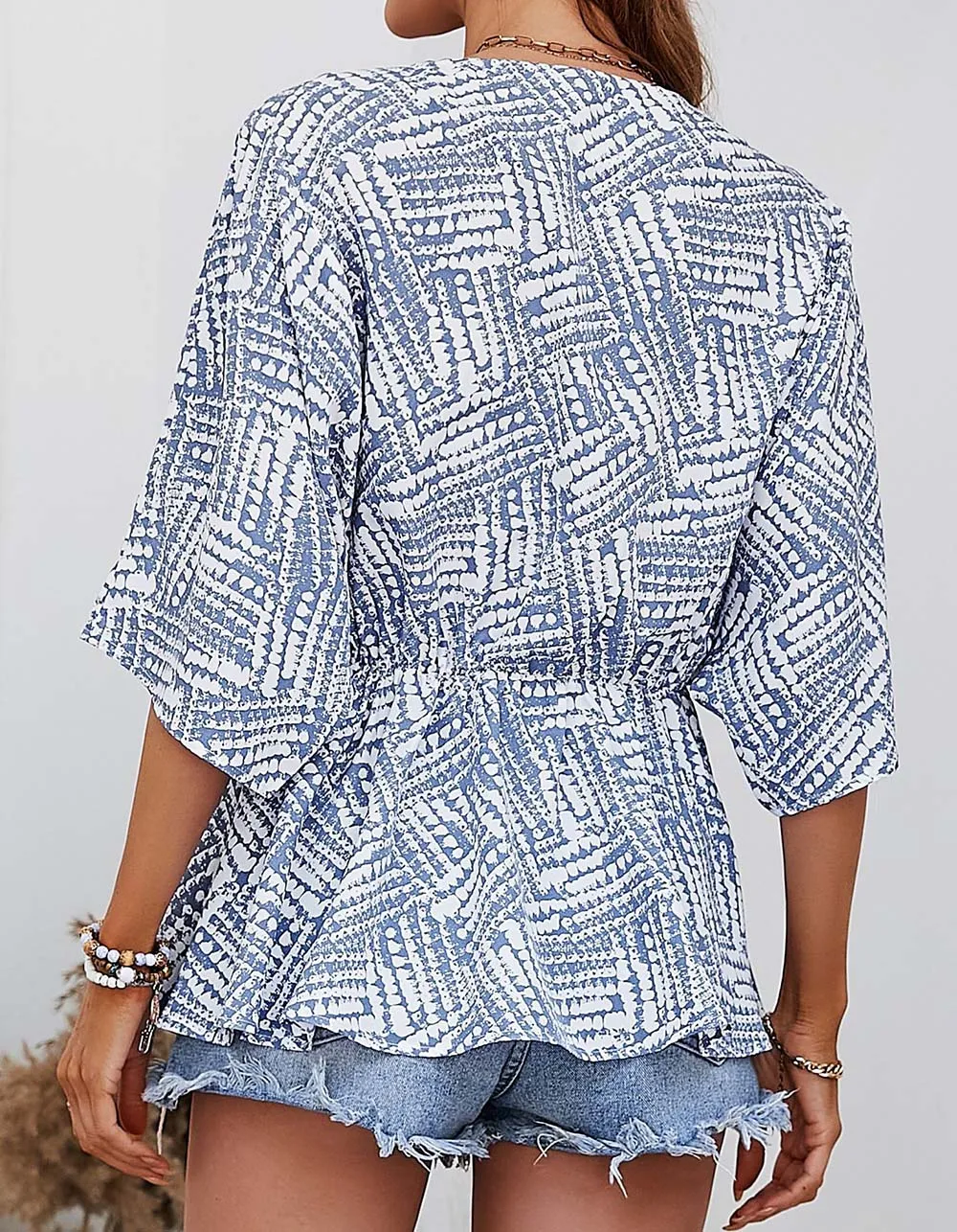 Printed V-neck Batwing Sleeve Loose Asymmetrical Shirt