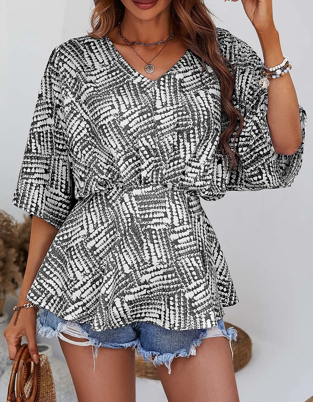 Printed V-neck Batwing Sleeve Loose Asymmetrical Shirt