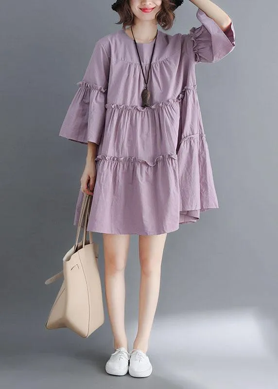 Simple Light Purple O-Neck Tiered Cotton Summer Dress