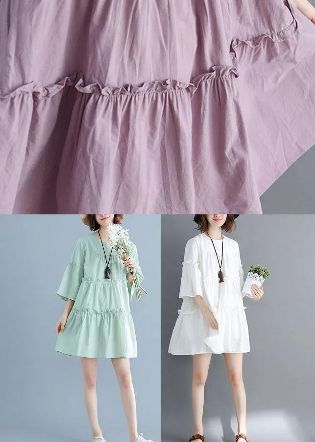 Simple Light Purple O-Neck Tiered Cotton Summer Dress