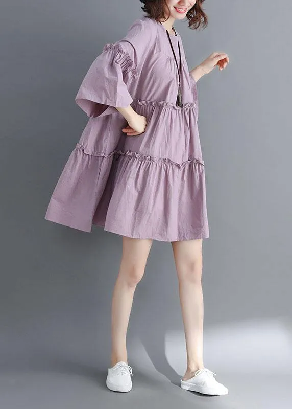 Simple Light Purple O-Neck Tiered Cotton Summer Dress