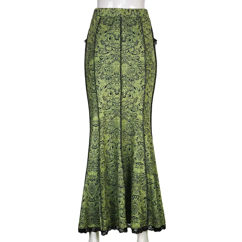 TEEK - Vintage Green Trumpet Long Skirt