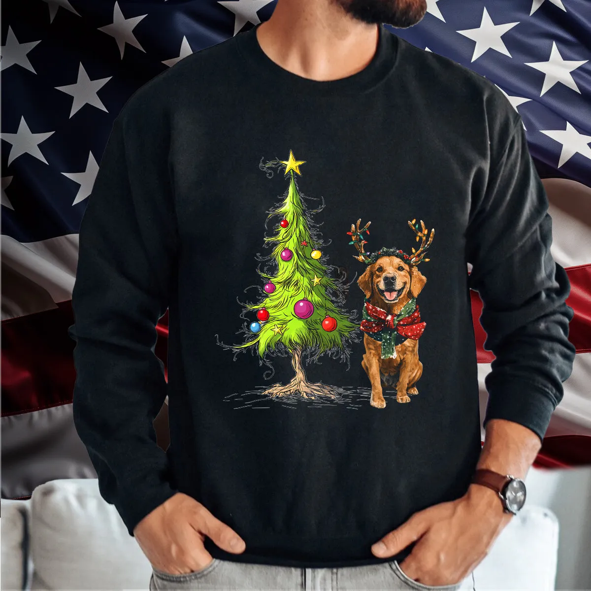 Teesdily | Golden Retriever Christmas Tree Shirt, Dog Christmas Shirt, Christmas Tree Sweatshirt Hoodie Mug, Xmas Gift Dog Lover