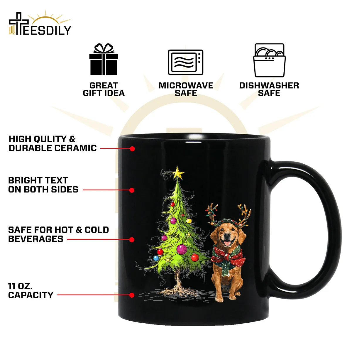 Teesdily | Golden Retriever Christmas Tree Shirt, Dog Christmas Shirt, Christmas Tree Sweatshirt Hoodie Mug, Xmas Gift Dog Lover