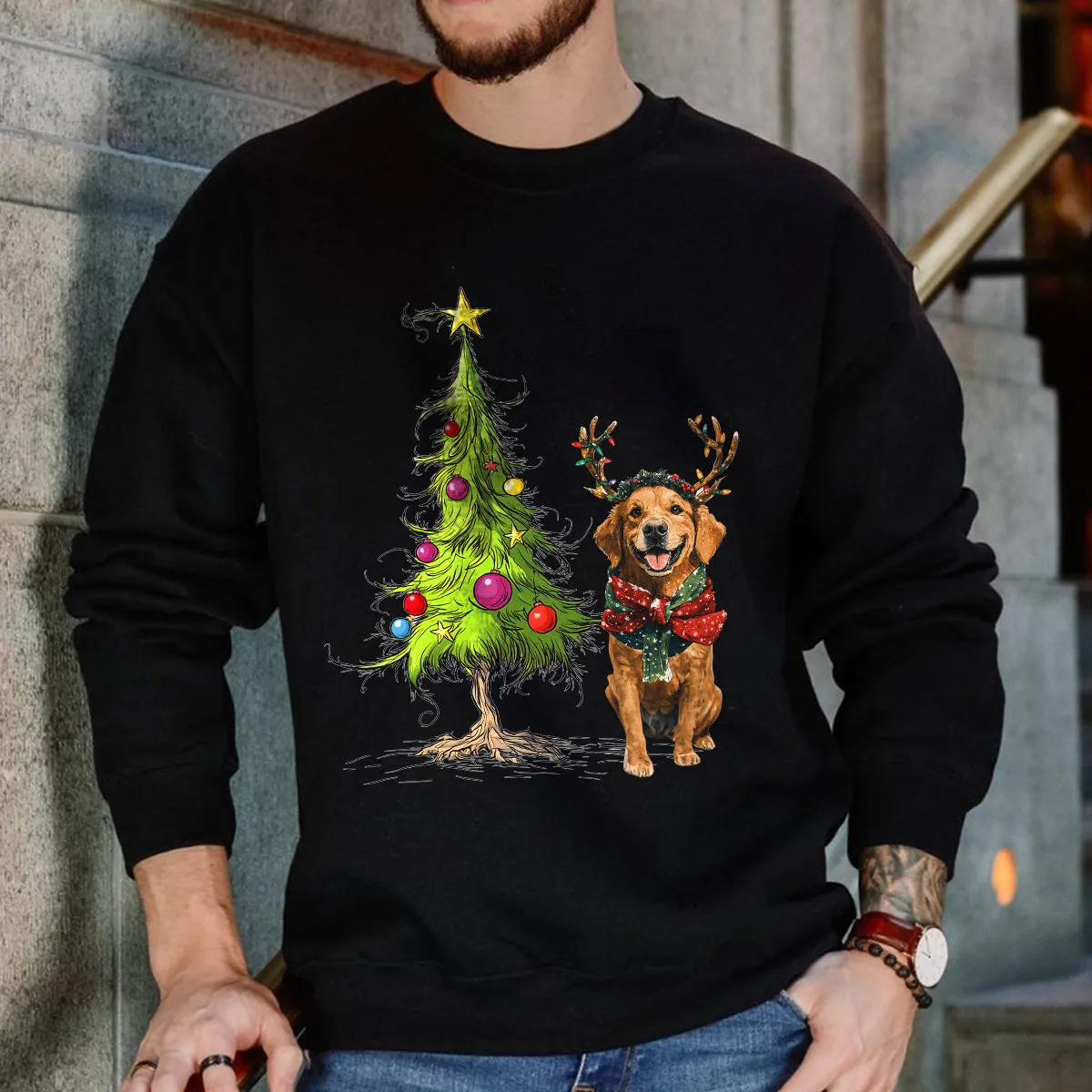 Teesdily | Golden Retriever Christmas Tree Shirt, Dog Christmas Shirt, Christmas Tree Sweatshirt Hoodie Mug, Xmas Gift Dog Lover