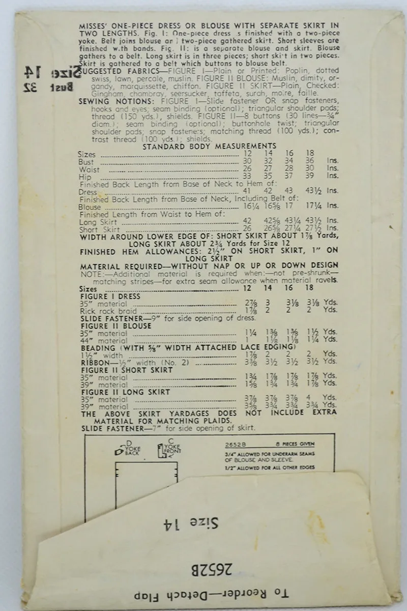 Uncut 1941 DuBarry 2652B Vintage Dress Blouse & Skirt Sewing Pattern