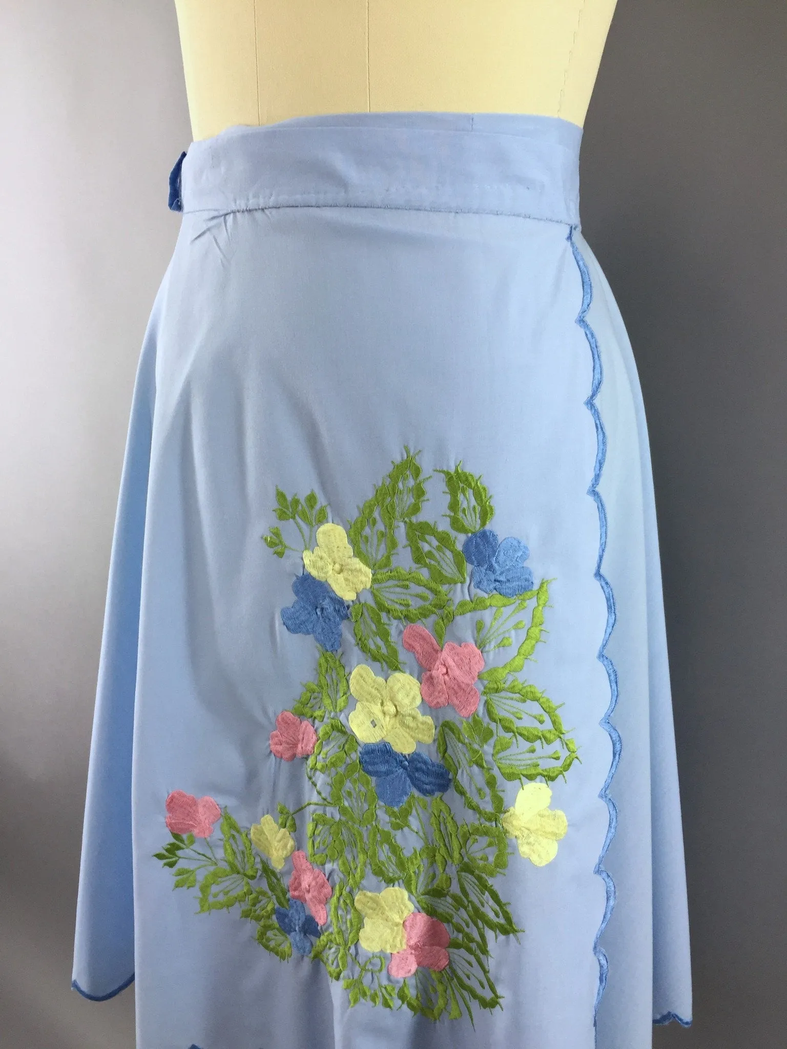 Vintage 1970s Wrap Skirt with Blue Floral Embroidery