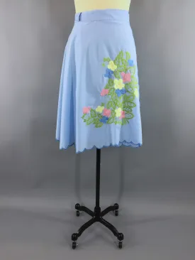 Vintage 1970s Wrap Skirt with Blue Floral Embroidery