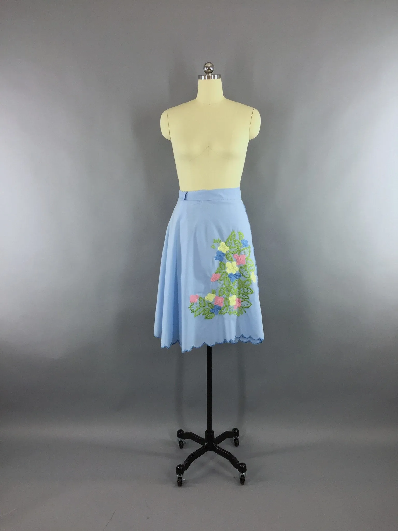 Vintage 1970s Wrap Skirt with Blue Floral Embroidery