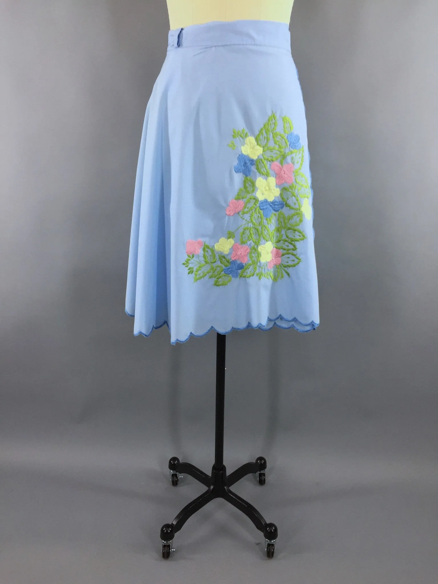 Vintage 1970s Wrap Skirt with Blue Floral Embroidery