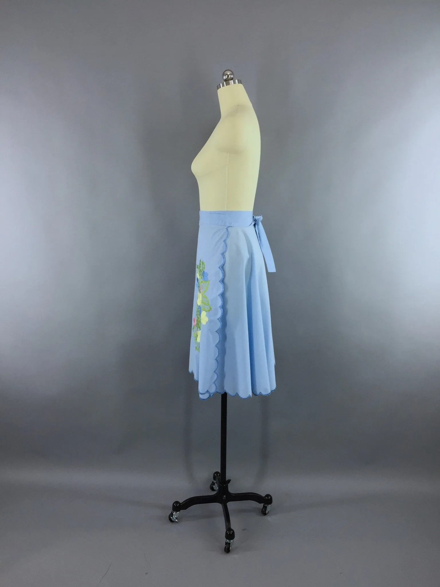 Vintage 1970s Wrap Skirt with Blue Floral Embroidery