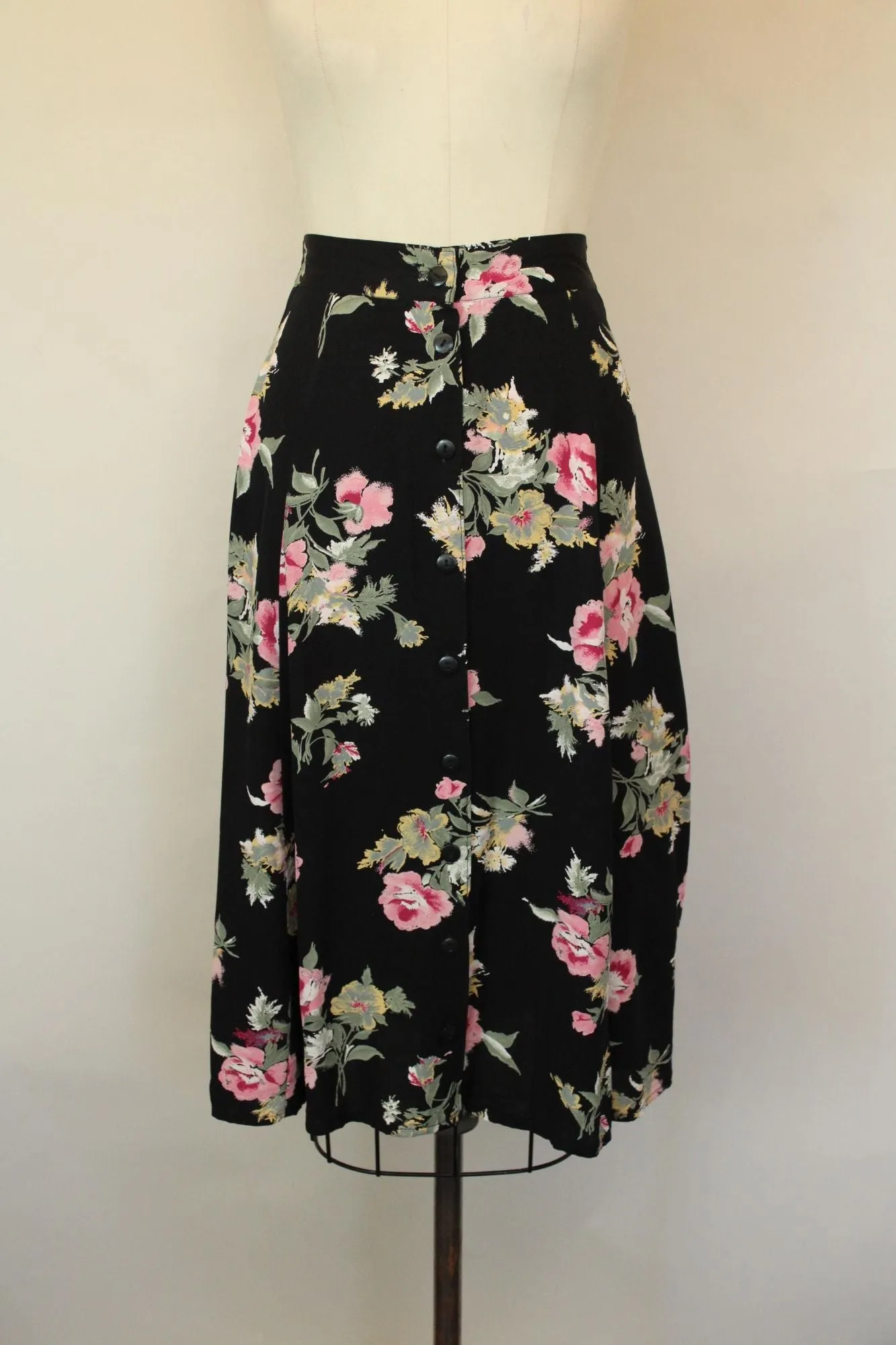 Vintage 1990s Michael Taylor Black Floral Print Skirt