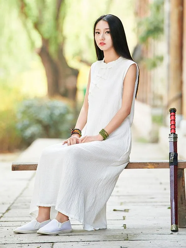 White Ramie Cotton Sleeveless Linen Dress