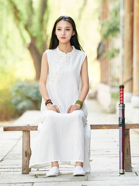 White Ramie Cotton Sleeveless Linen Dress