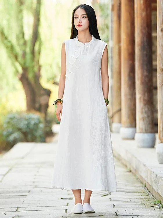 White Ramie Cotton Sleeveless Linen Dress