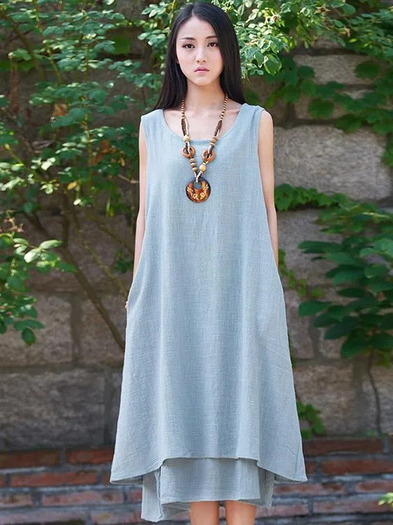 White&Beige&Blue Ramie Cotton Sleeveless Long Dress