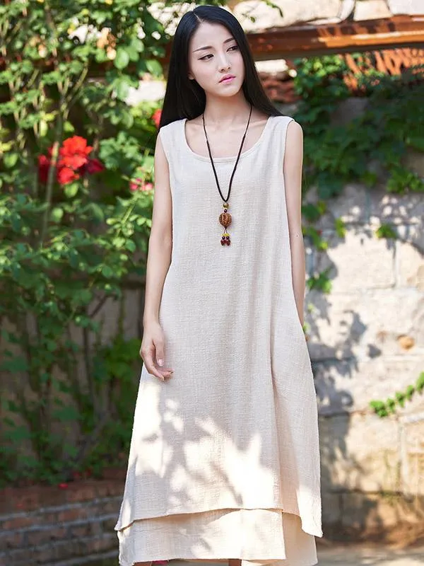 White&Beige&Blue Ramie Cotton Sleeveless Long Dress