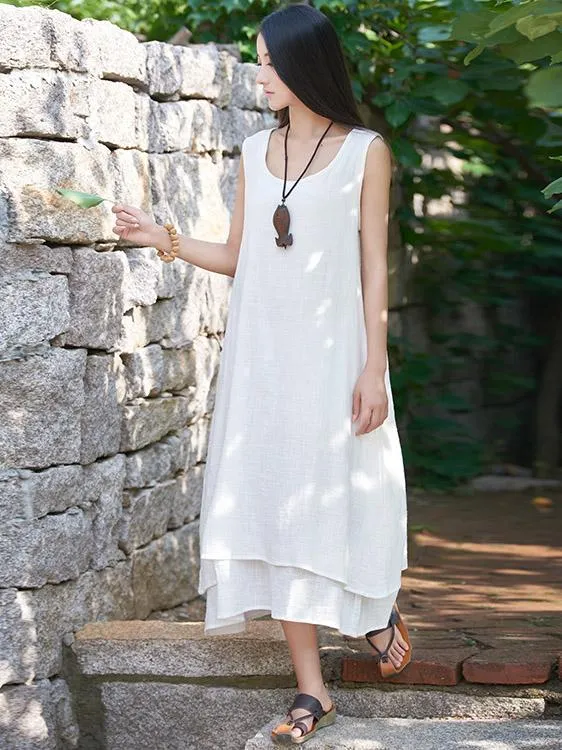 White&Beige&Blue Ramie Cotton Sleeveless Long Dress