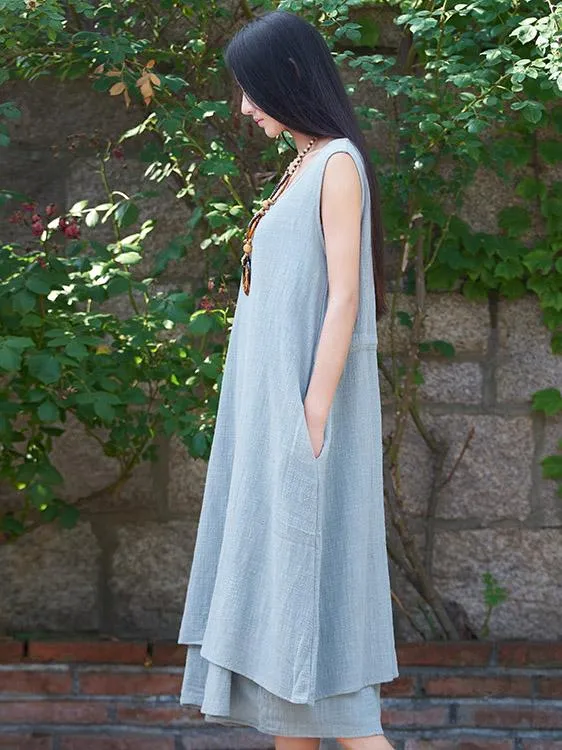 White&Beige&Blue Ramie Cotton Sleeveless Long Dress