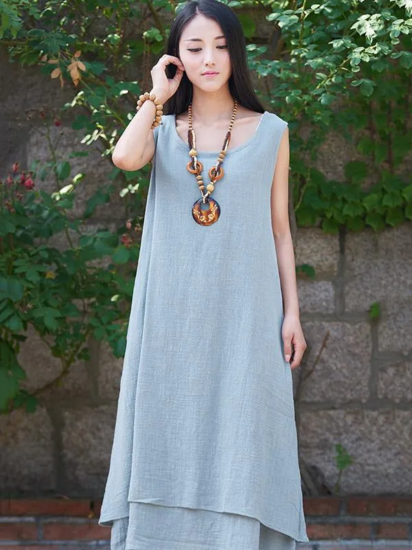 White&Beige&Blue Ramie Cotton Sleeveless Long Dress