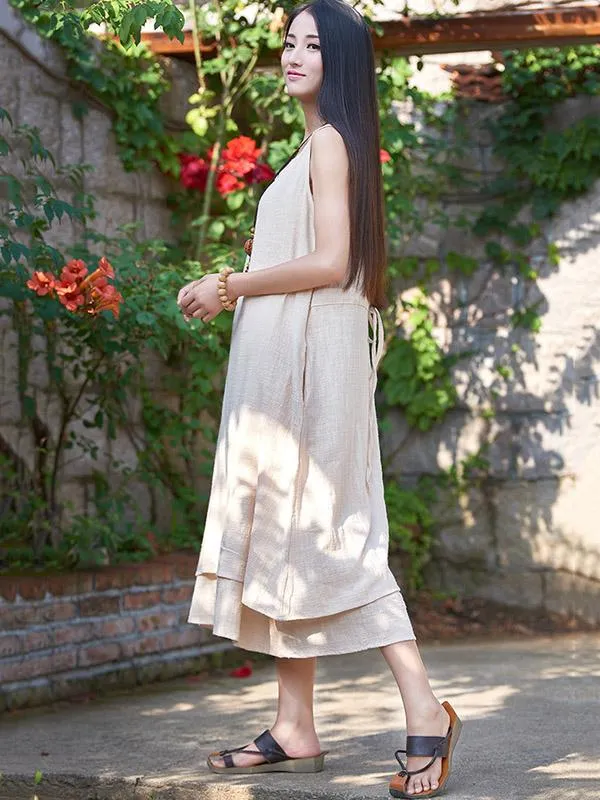 White&Beige&Blue Ramie Cotton Sleeveless Long Dress