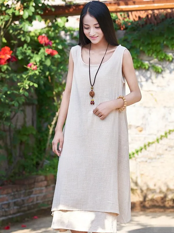 White&Beige&Blue Ramie Cotton Sleeveless Long Dress