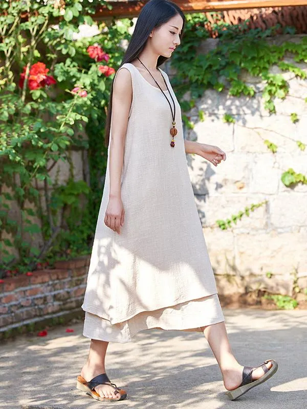 White&Beige&Blue Ramie Cotton Sleeveless Long Dress