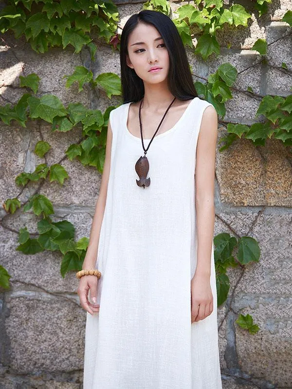 White&Beige&Blue Ramie Cotton Sleeveless Long Dress