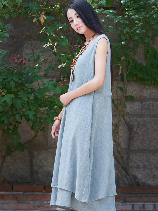 White&Beige&Blue Ramie Cotton Sleeveless Long Dress