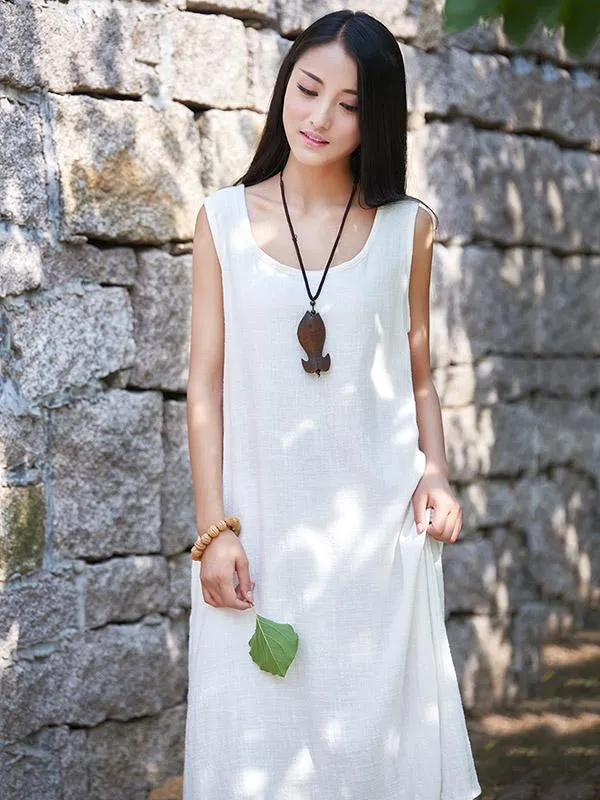 White&Beige&Blue Ramie Cotton Sleeveless Long Dress