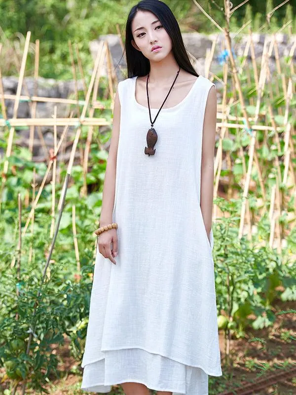 White&Beige&Blue Ramie Cotton Sleeveless Long Dress