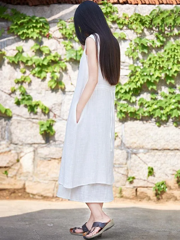 White&Beige&Blue Ramie Cotton Sleeveless Long Dress