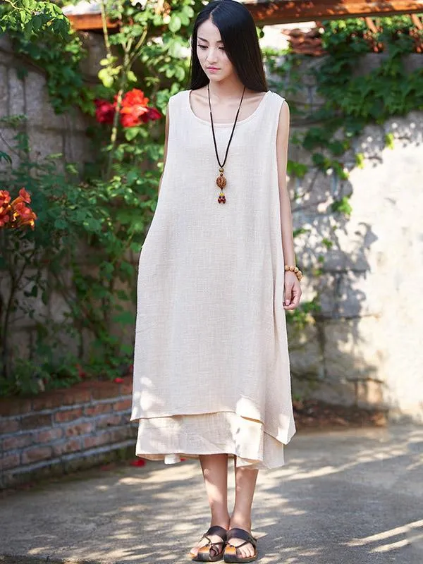 White&Beige&Blue Ramie Cotton Sleeveless Long Dress