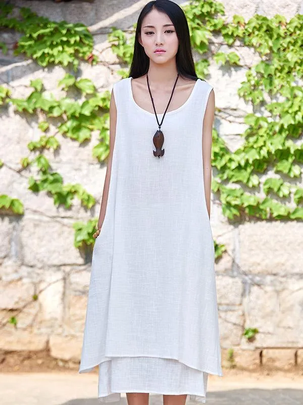 White&Beige&Blue Ramie Cotton Sleeveless Long Dress