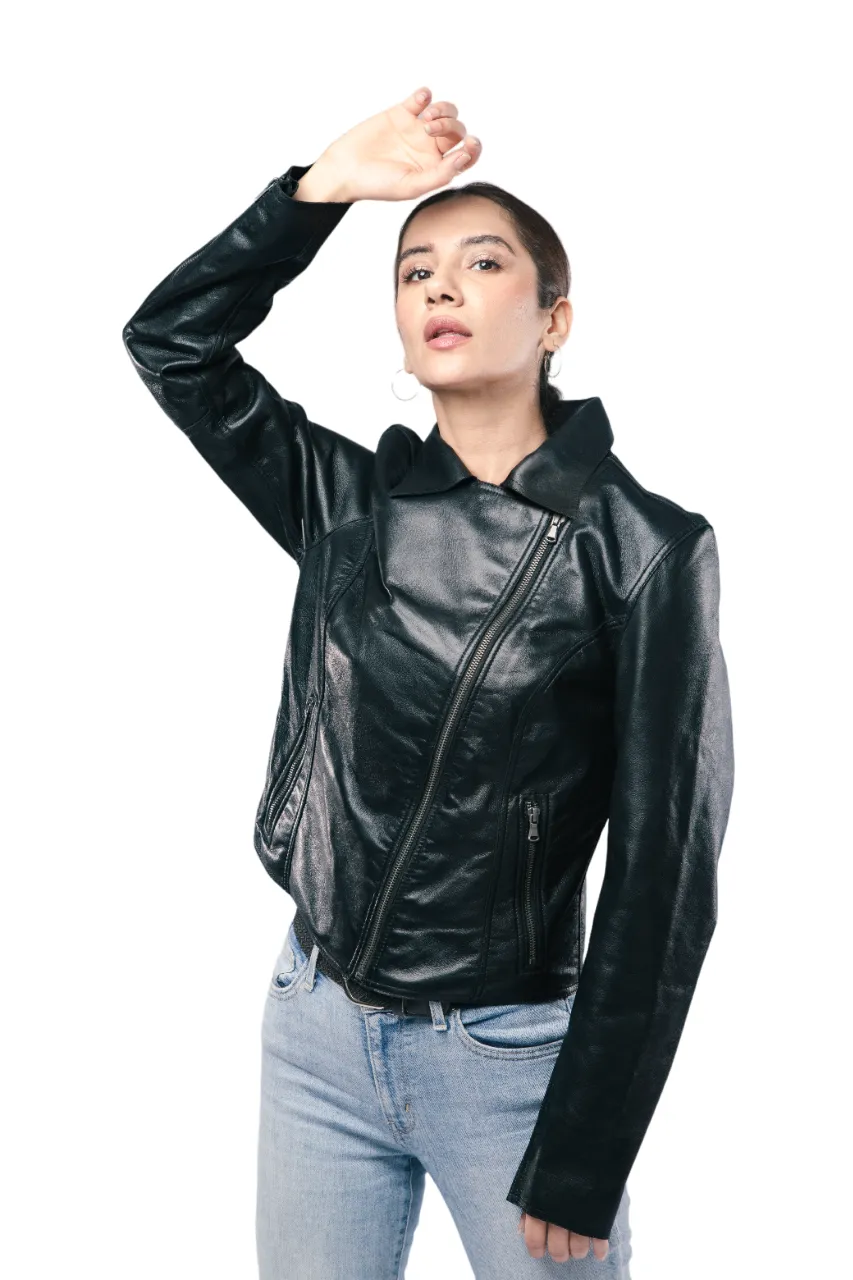 Women Biker Motorcycle Style Jacket Black Sheep Leather Designers Jacket - ELF39