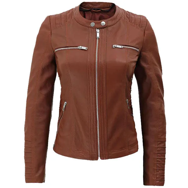 Womens Cafe Racer Detachable Hooded Leather Jacket