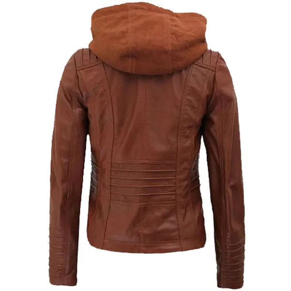 Womens Cafe Racer Detachable Hooded Leather Jacket