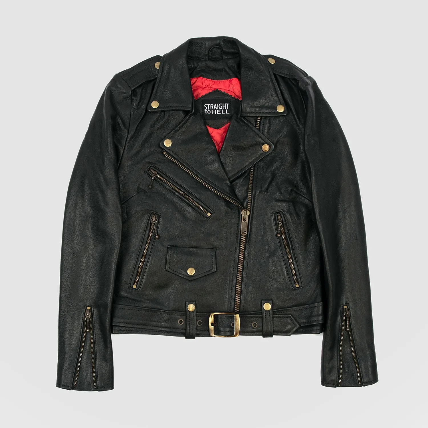 Women's Classic Fit Commando Leather Jacket  - Black/Brass