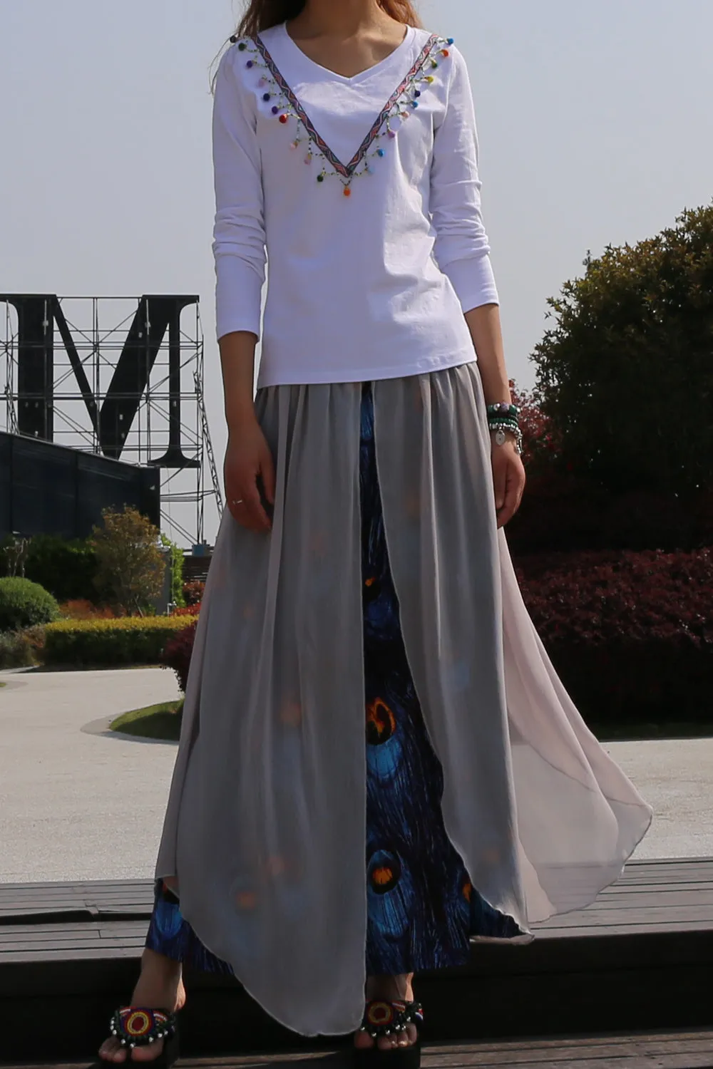 Women's Cotton and Chiffon skirt/Sari Maxi Skirt/peacock feather printed skirt/long skirt/elastic waist skirt(Q1106)