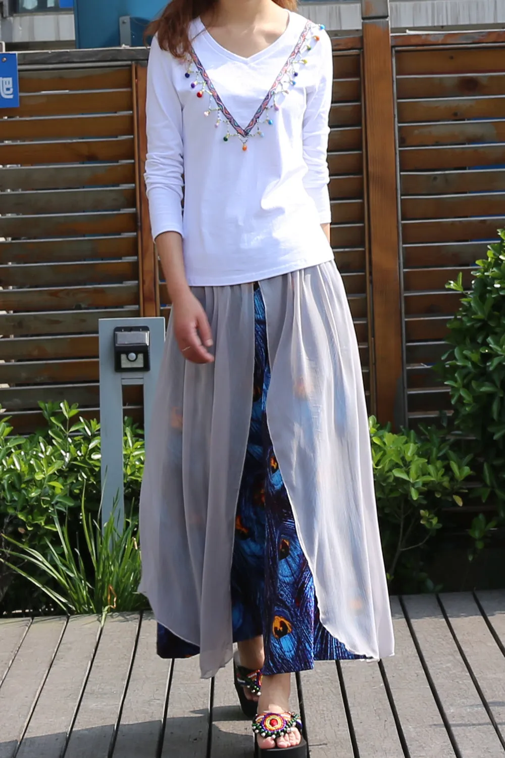 Women's Cotton and Chiffon skirt/Sari Maxi Skirt/peacock feather printed skirt/long skirt/elastic waist skirt(Q1106)