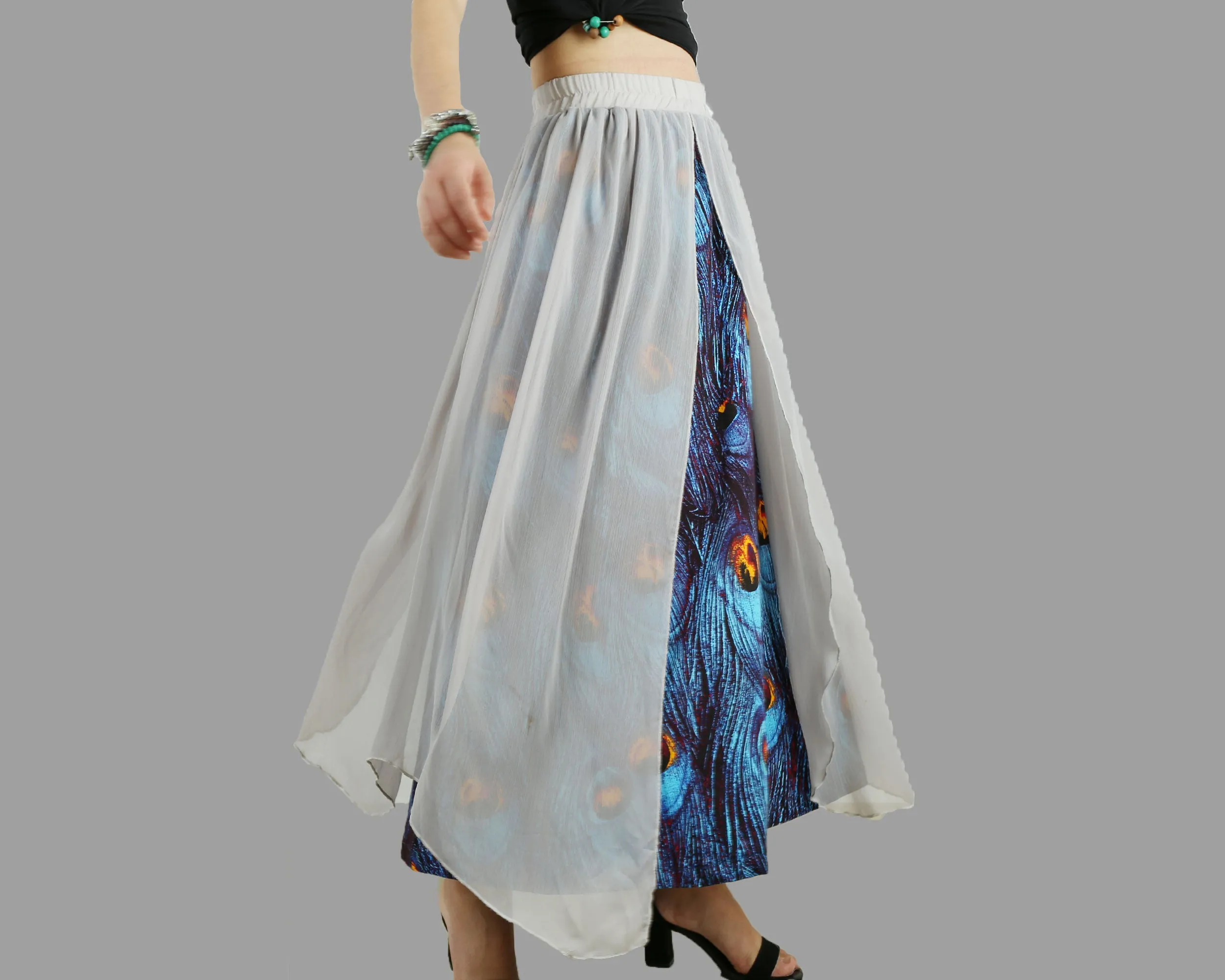 Women's Cotton and Chiffon skirt/Sari Maxi Skirt/peacock feather printed skirt/long skirt/elastic waist skirt(Q1106)