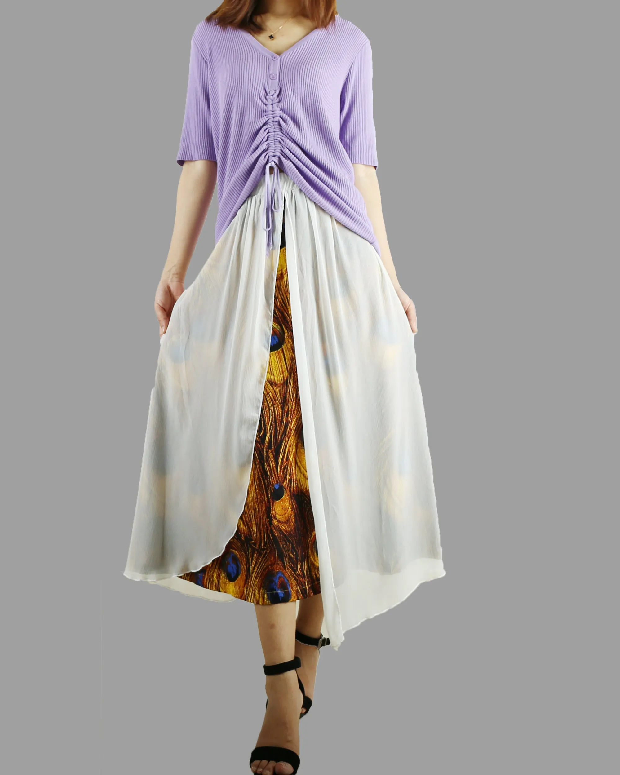 Women's Cotton and Chiffon skirt/Sari Maxi Skirt/peacock feather printed skirt/long skirt/elastic waist skirt(Q1106)