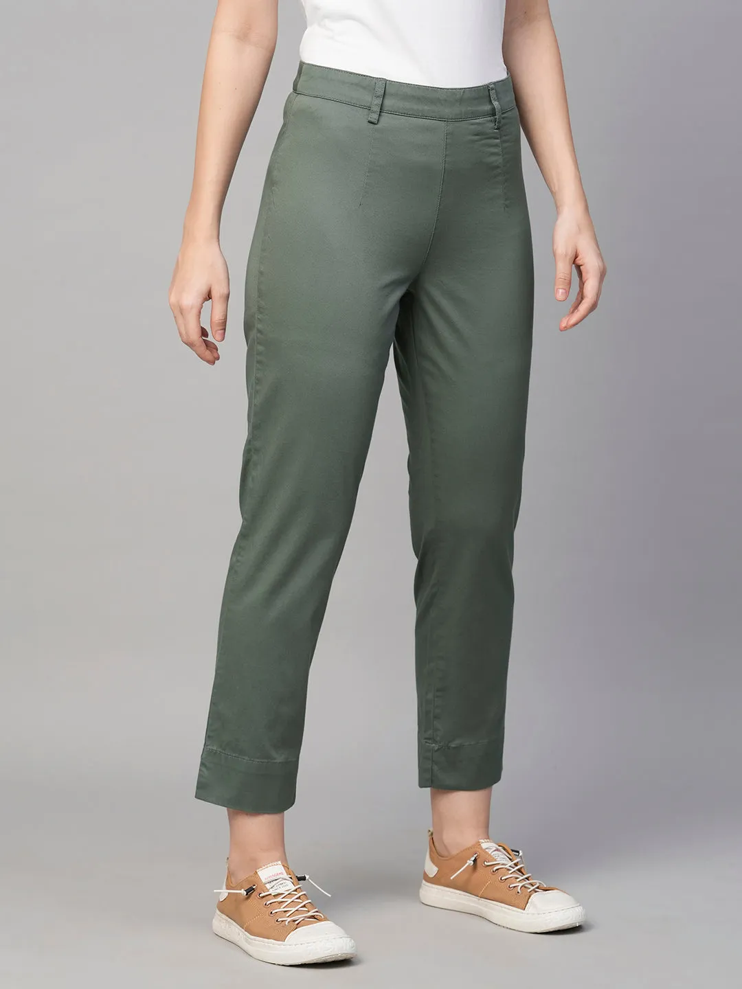 Women's Grey Cotton Elastane Regular Fit Pant