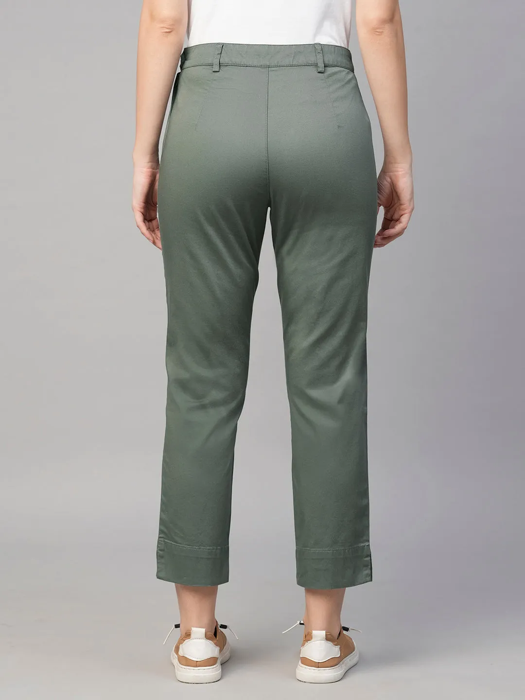 Women's Grey Cotton Elastane Regular Fit Pant